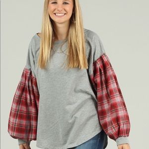 Umgee Plaid Checkered Red Gray Balloon Sleeve Top
